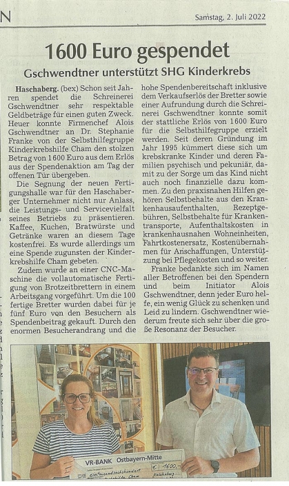 spende-schreinerei-gschwendtner-2022 Tag der offenen Tür